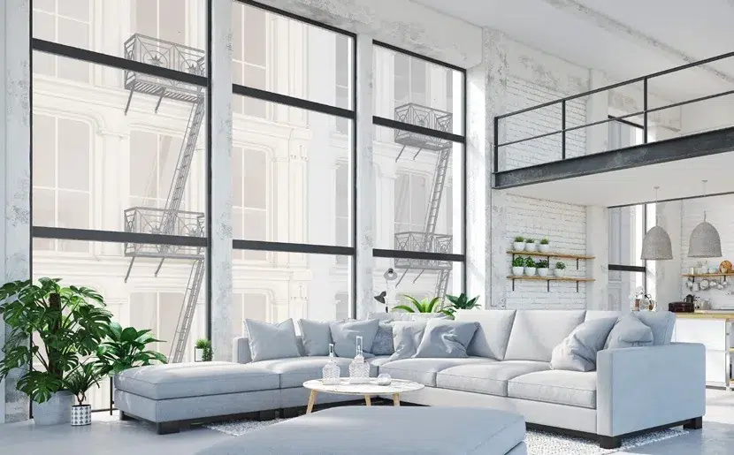 Helles Loft-Wohnzimmer mit Stahl-Glas-Verglasung