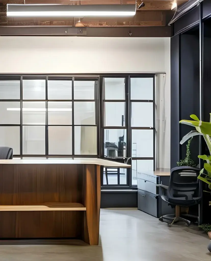 Stahlfenster mit Sprossen in einem Büro mit Holzdecke